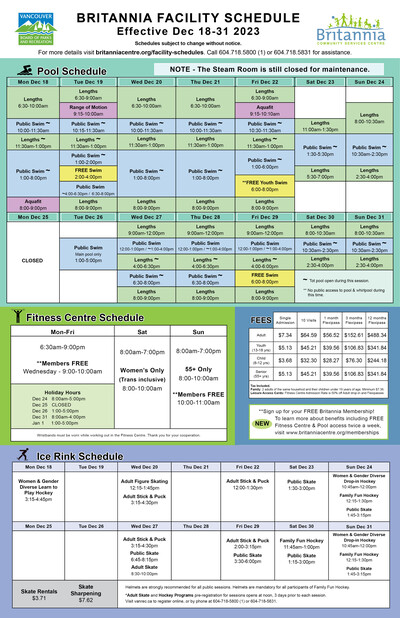 Britannia Community Services Centre Facility Schedules