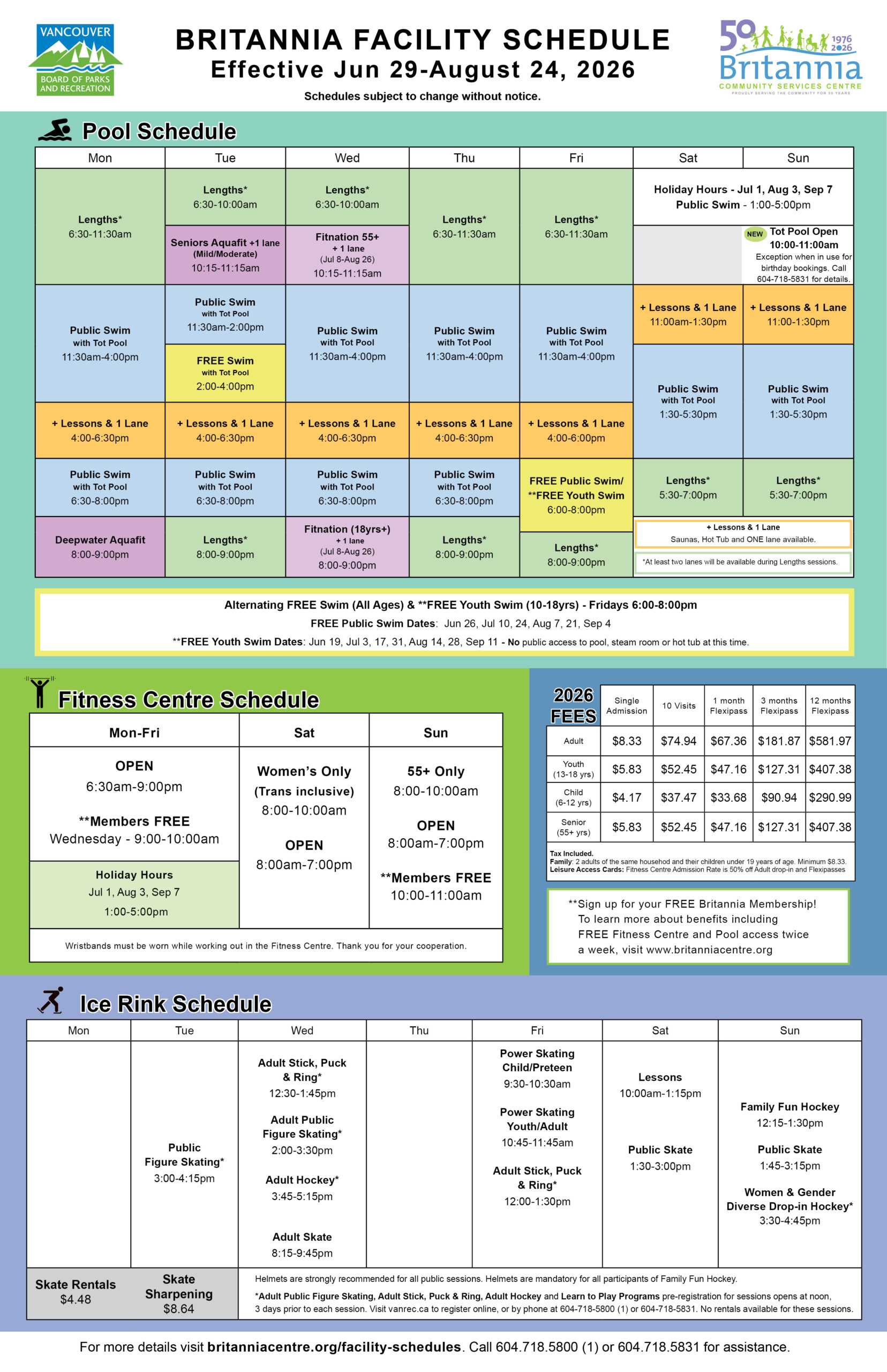 Britannia Facility Schedule Jul 29-Aug 24