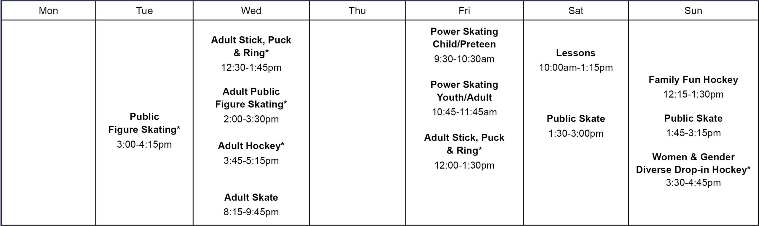 Rink schedule for Jul 7-Aug 24