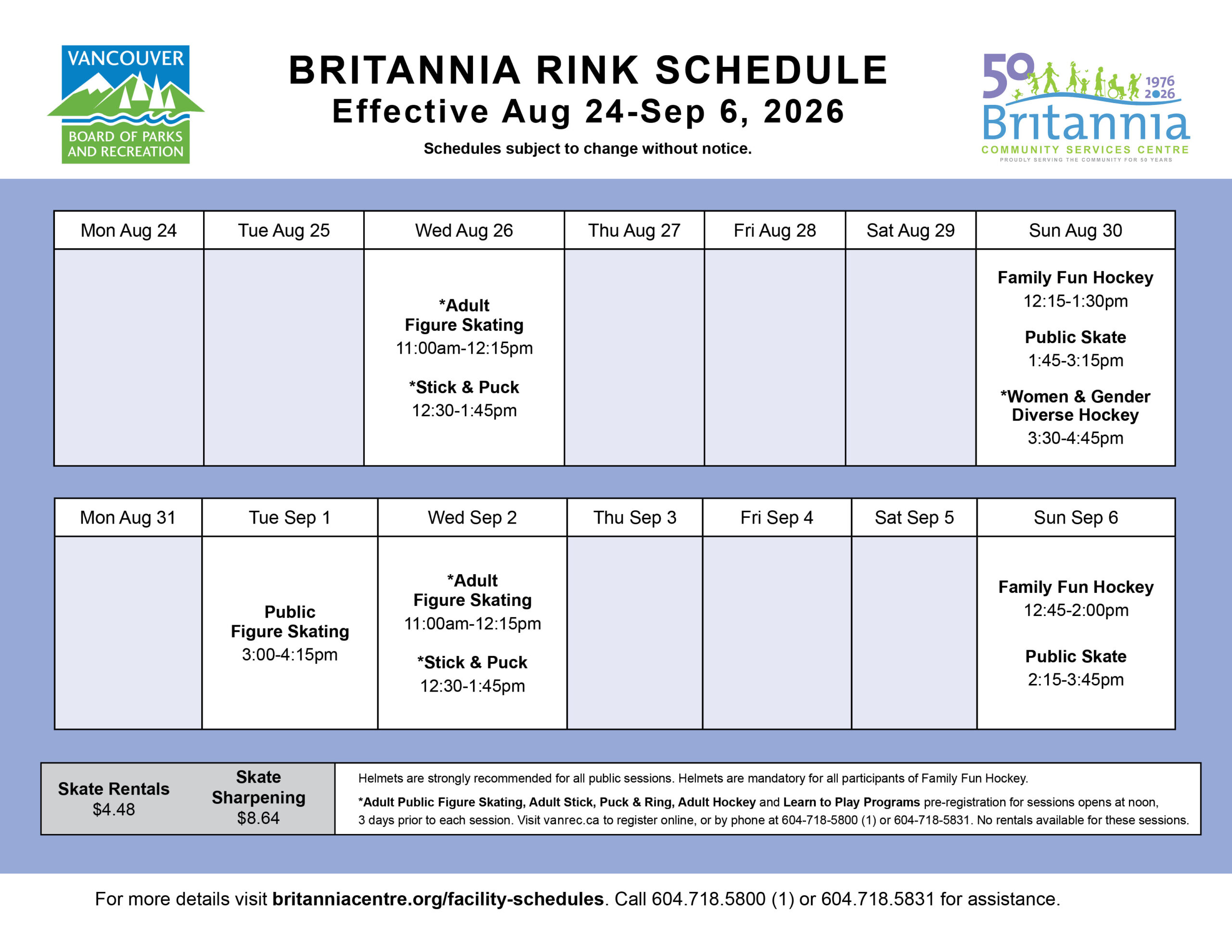 Interim Rink Schedule for Aug 24-Sep 6